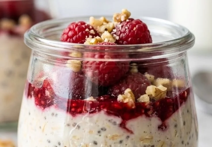 Bowl of creamy overnight oats topped with fresh fruits and nuts