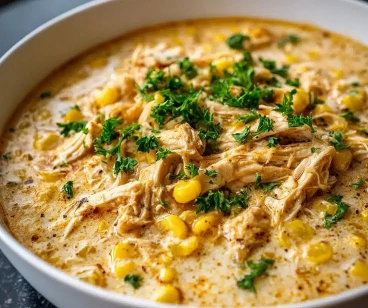 A bowl of creamy ranch corn chicken soup garnished with herbs.
