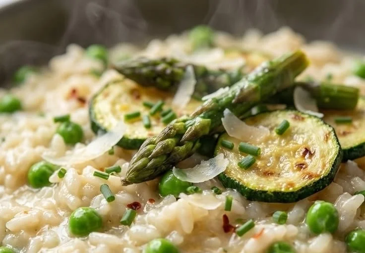 Creamy risotto with spring peas served on a plate