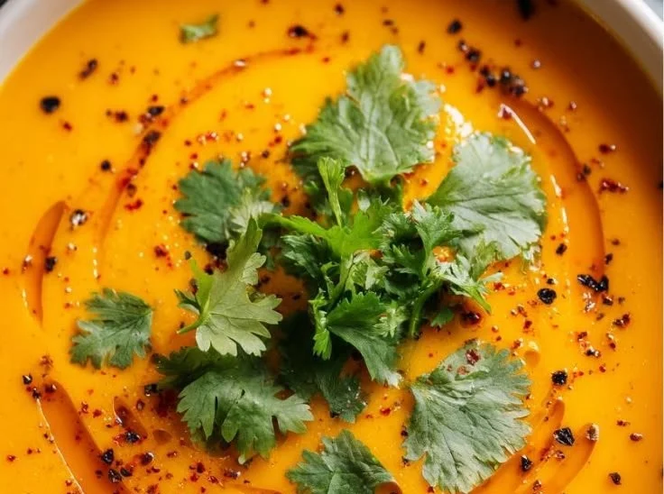 Creamy roasted carrot and orange soup served in a bowl with fresh herbs on top