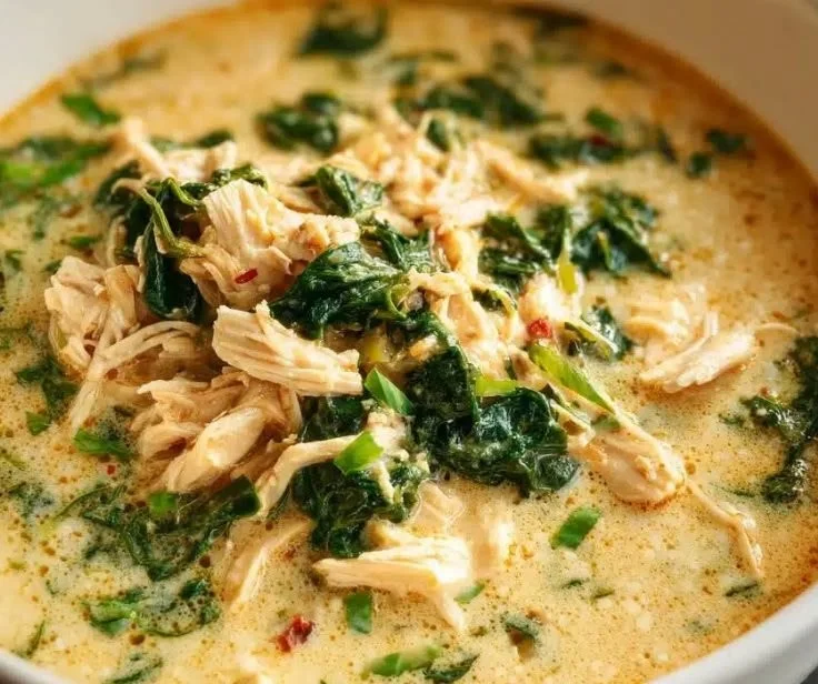 Bowl of creamy spinach parmesan chicken soup topped with cheese and herbs