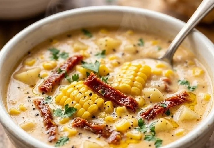 Creamy sun-dried tomato corn chowder in a bowl topped with herbs
