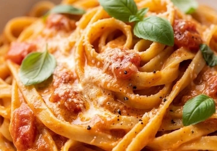 One pot creamy tomato pasta with fresh basil and cheese topping