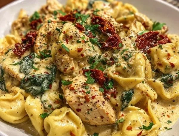 Creamy Tuscan Garlic Chicken Tortellini with fresh herbs and cheese
