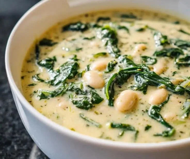 Creamy white bean and spinach soup served in a bowl with fresh ingredients