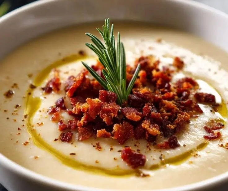 Bowl of creamy white bean soup garnished with herbs