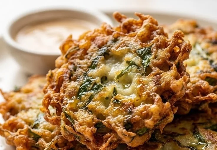 Plate of crispy dandelion fritters served with dipping sauce.