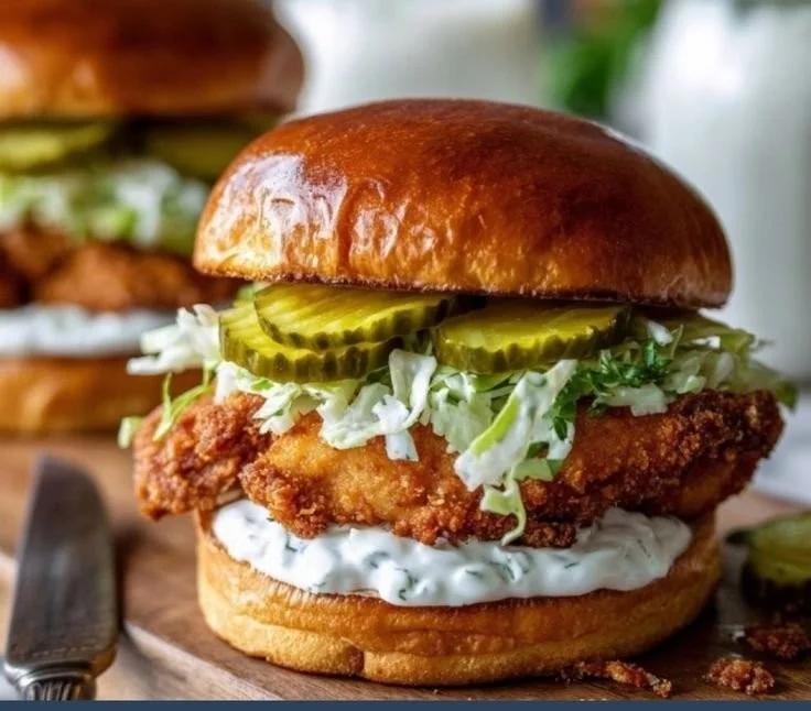 Crispy dill chicken sandwich served with fresh ingredients
