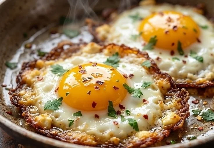Delicious Crispy Feta Fried Eggs served on a plate with herbs.
