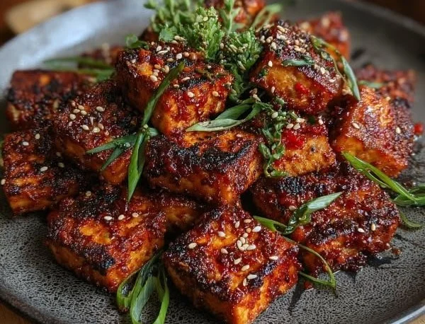 Crispy Gochujang Tofu garnished with green onions and sesame seeds