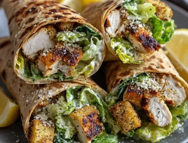 Crispy grilled lemon herb chicken Caesar wraps served on a plate
