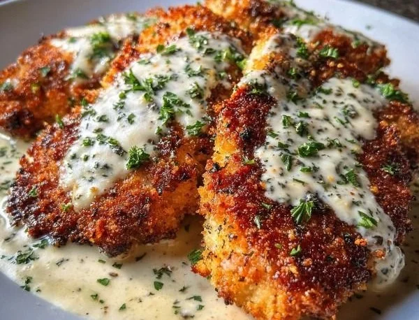 Crispy herb-crusted chicken Romano with tangy Parmesan cream sauce on a plate