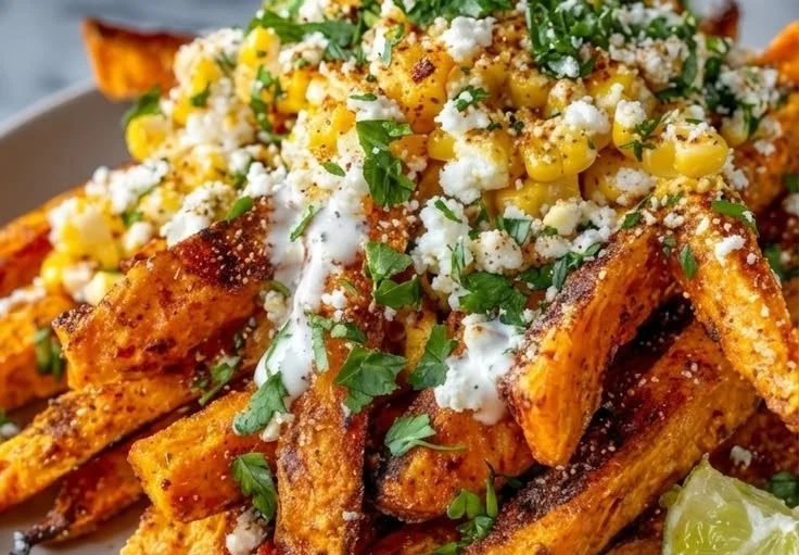 Crispy loaded sweet potato fries with toppings on a plate