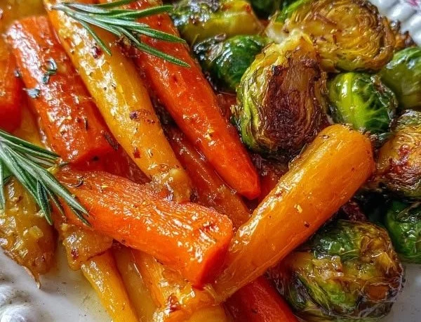 Crispy maple glazed carrots and Brussels sprouts in a serving dish.