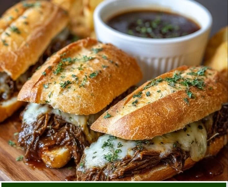 Crockpot French dip sandwiches served with au jus and fresh baguette