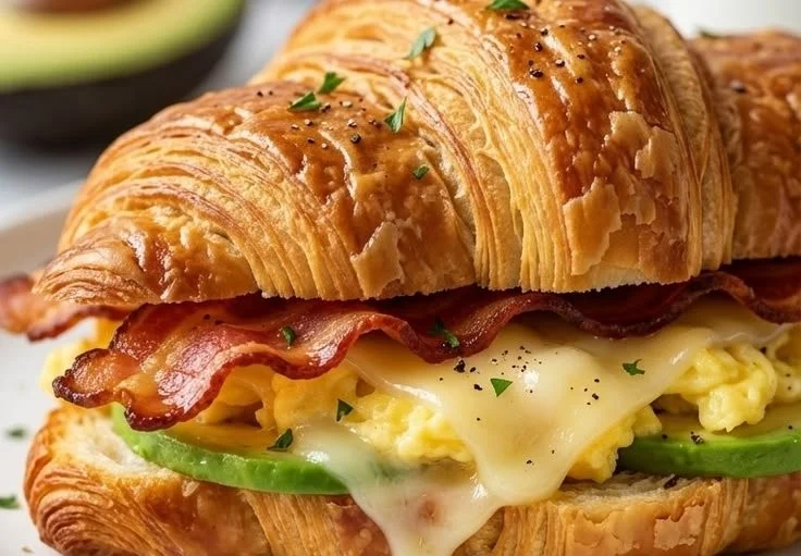 Delicious croissant breakfast sandwich filled with eggs, cheese, and ham.