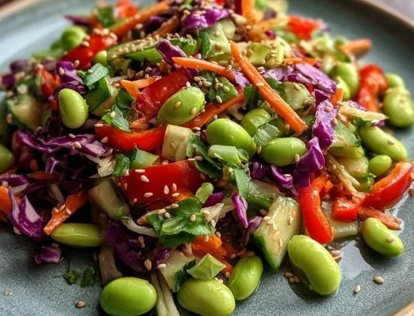 Crunchy Asian Edamame Salad with fresh vegetables and sesame dressing