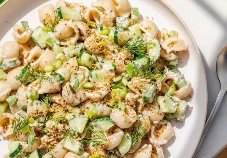 Cucumber Pasta Salad featuring fresh cucumbers and a crispy texture