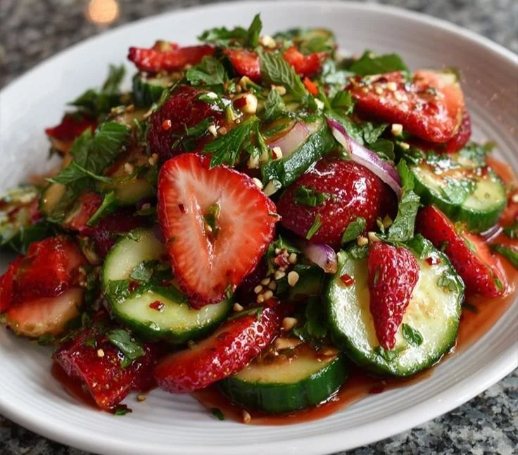 Fresh cucumber strawberry salad served in a bowl, garnished with mint leaves.