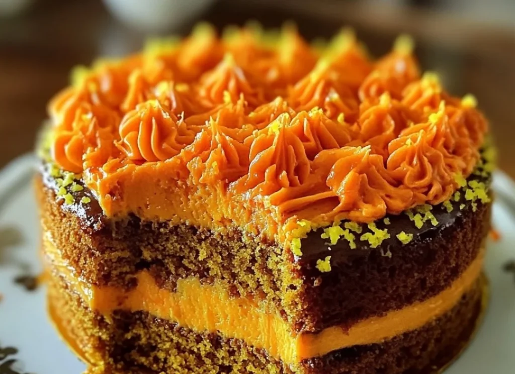Delicious Brazilian carrot cake with chocolate and carrot frosting on a plate.