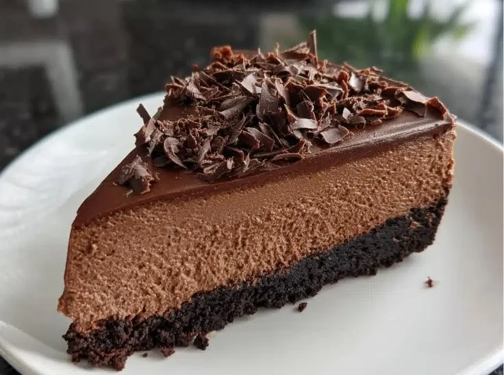 Decadent chocolate cheesecake with a creamy texture and chocolate topping.