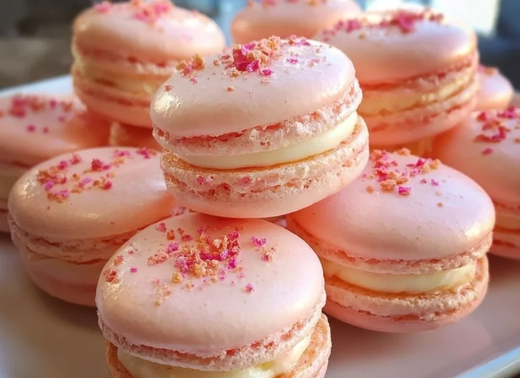 Decadent strawberry cheesecake macarons on a decorative plate.