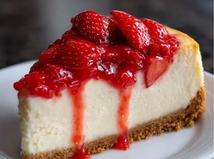 Delicious slice of decadent strawberry cheesecake with fresh strawberries on top