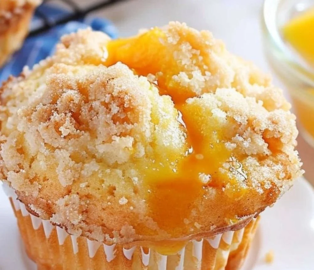 Homemade peach cobbler muffins topped with a crumb mixture on a cooling rack.