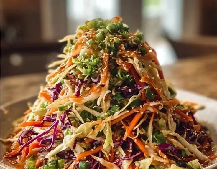 Bowl of Easy Asian Cabbage Slaw with vibrant vegetables and sesame dressing