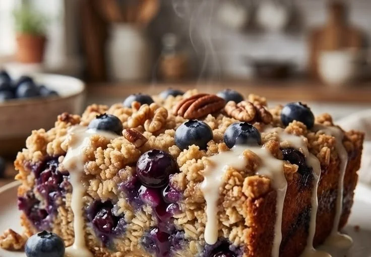 A delicious blueberry oatmeal bake topped with fresh blueberries and oats