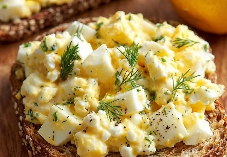 Delicious cottage cheese egg salad in a bowl garnished with herbs