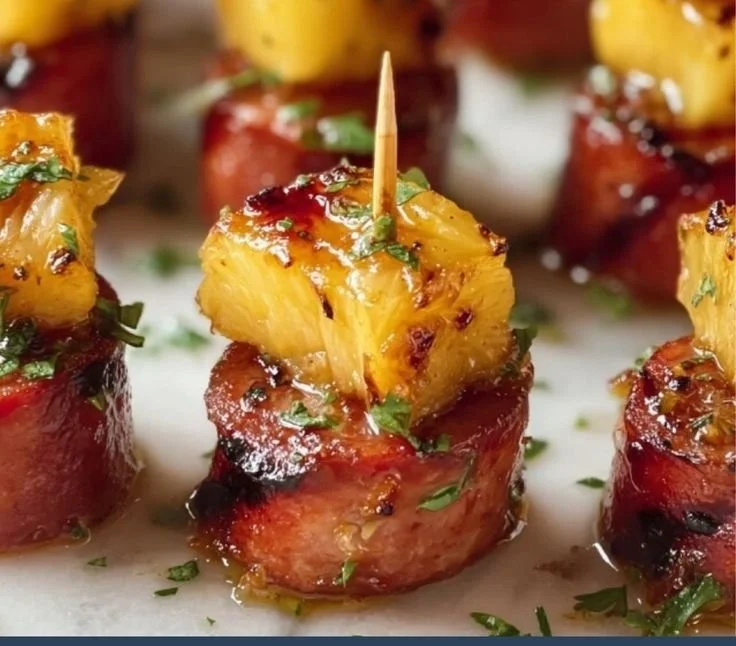 Easy glazed kielbasa pineapple bites served as appetizers on a platter