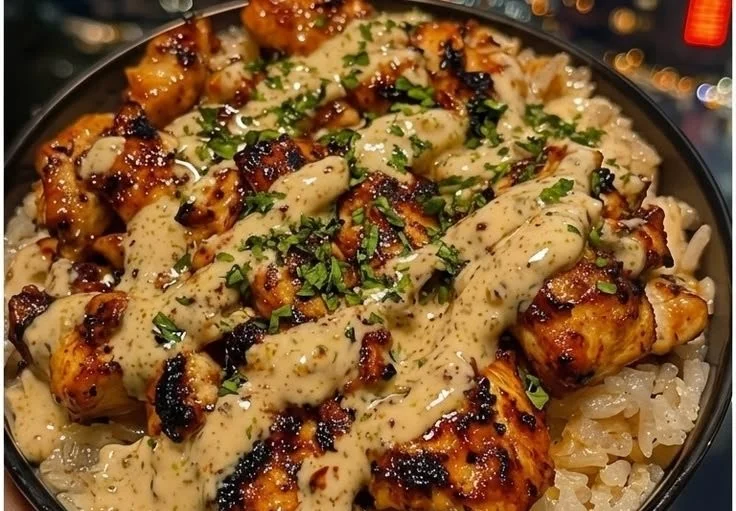 Delicious Honey Sriracha Chicken rice bowl topped with fresh vegetables