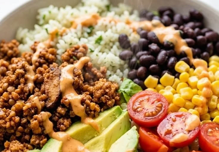 Colorful plant-based taco bowls served in a bowl with fresh toppings.