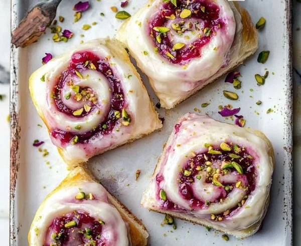 Easy Raspberry Rose Cheesecake Buns with fresh raspberries and rose petals