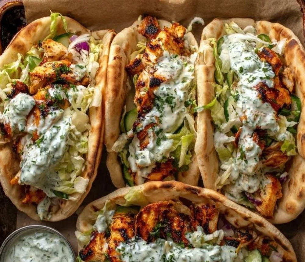 Sheet pan chicken pitas with herby ranch served on a plate