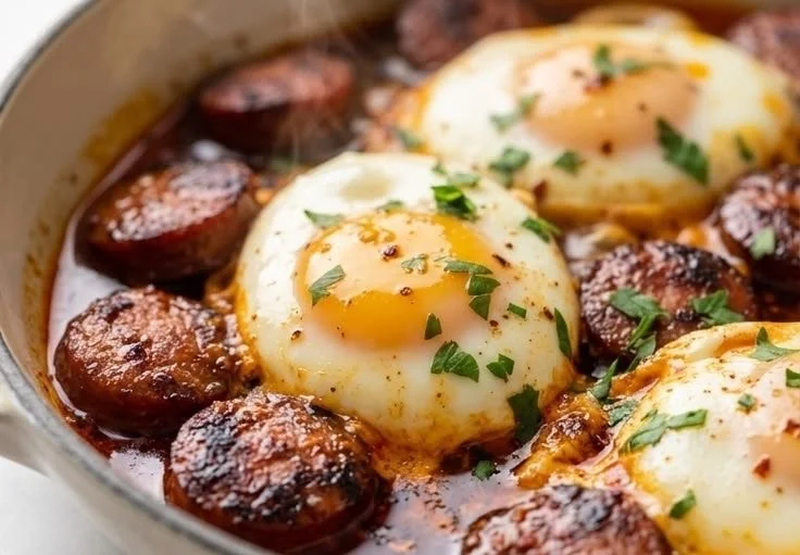 Delicious egg boil with sausage served in a bowl.