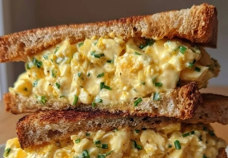 Delicious egg salad sandwich on a plate with fresh ingredients.
