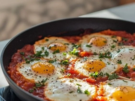 Eggs in Hell dish with spicy tomato sauce and poached eggs