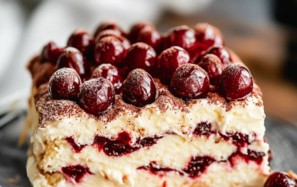 Elegant cherry amaretto tiramisu served in a beautiful dessert dish