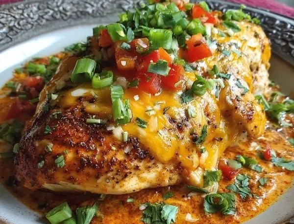 Delicious baked queso chicken dish topped with melted cheese and garnished.
