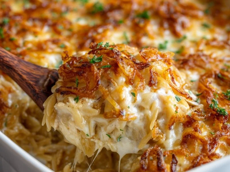 Delicious French onion chicken orzo casserole served in a baking dish
