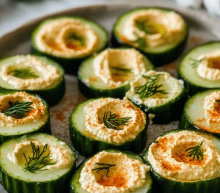 Fresh cucumber hummus bites served on a platter with garnishes