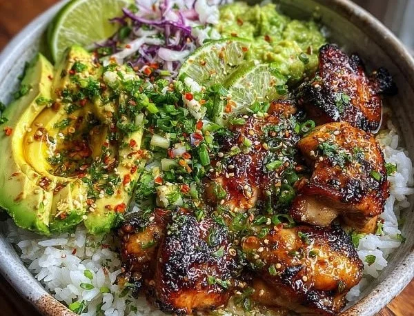 Honey Lime Chicken served with avocado rice in a vibrant bowl