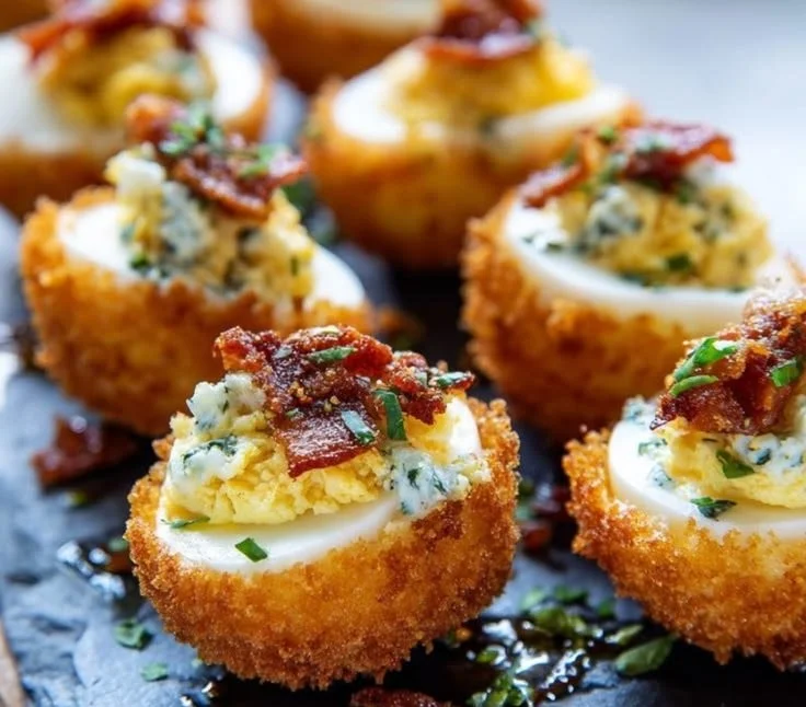 Plated fried deviled eggs topped with spices and garnishes.