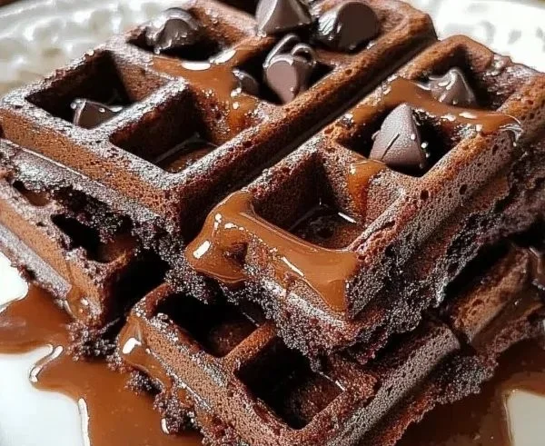 Fudgy brownie waffles topped with chocolate syrup and berries