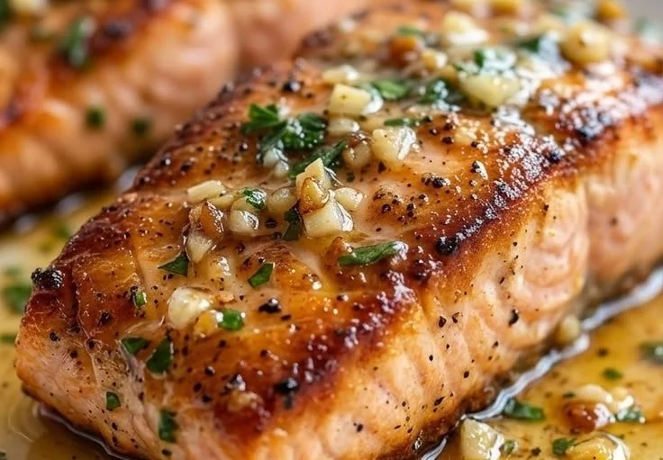 Garlic Butter Salmon fillet garnished with herbs
