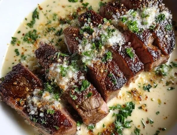 Delicious Garlic Butter Steak drizzled with creamy Parmesan sauce on a plate.
