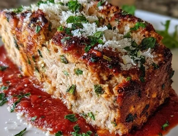 Garlic Parmesan Chicken Meatloaf served with garnish