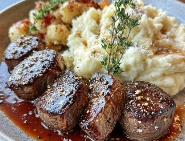 Garlic Pepper Steak Medallions served with buttery mashed potatoes on a plate